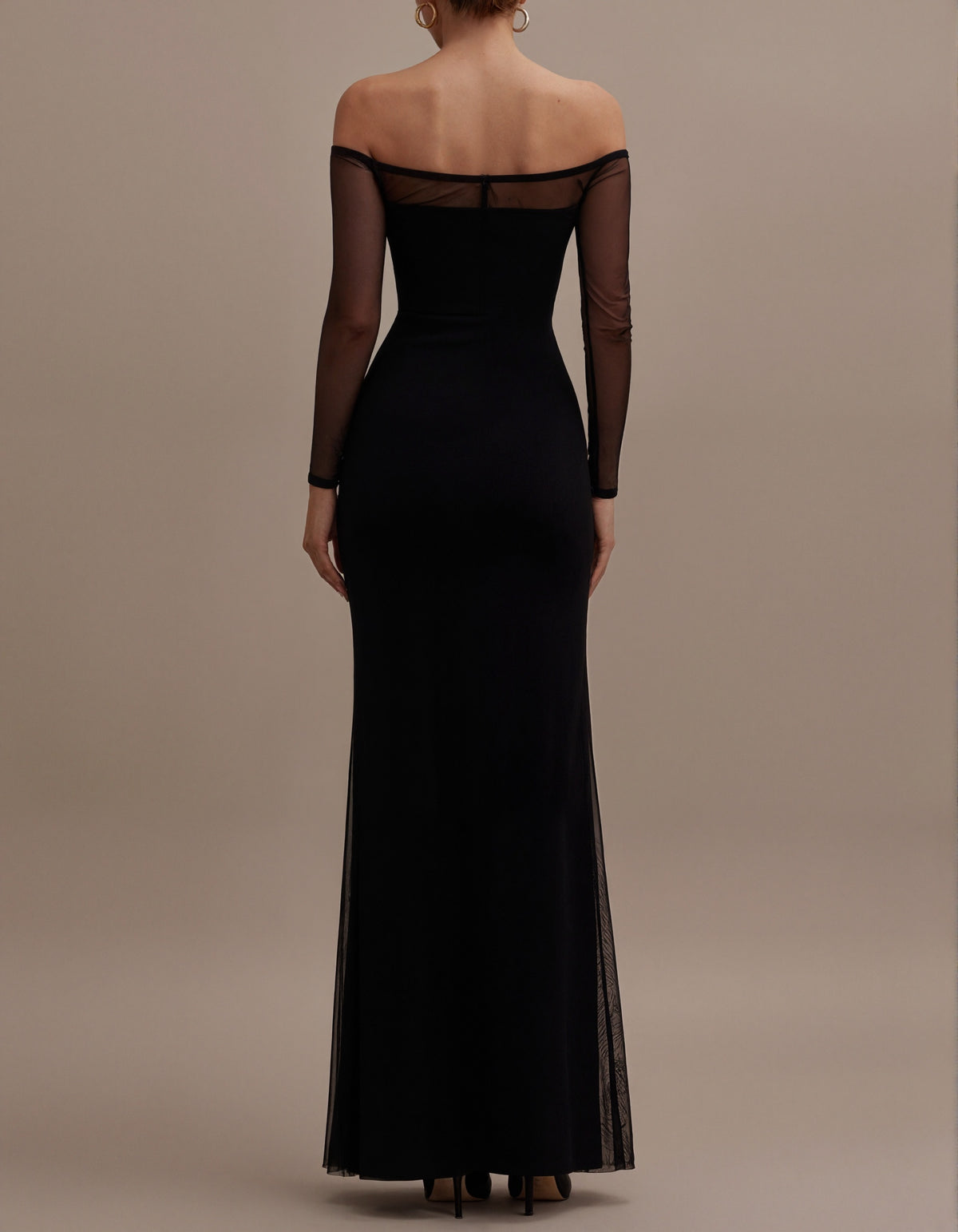 Black Tulle Off Shoulder Long Sleeves Maxi Dress