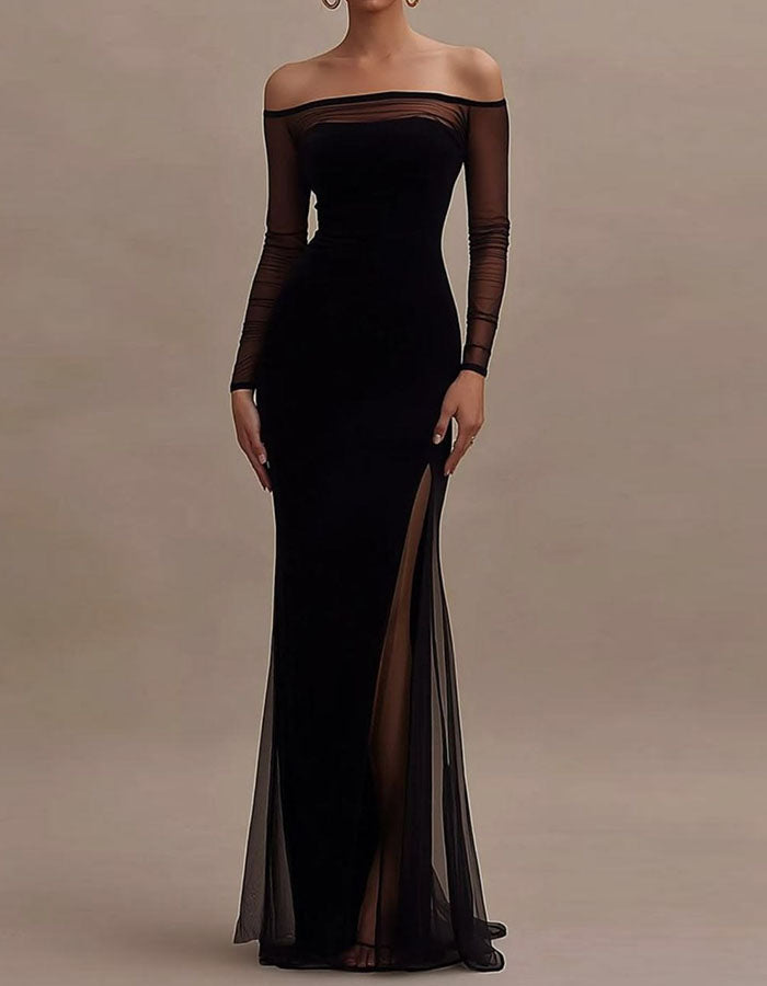 Black Tulle Off Shoulder Long Sleeves Maxi Dress