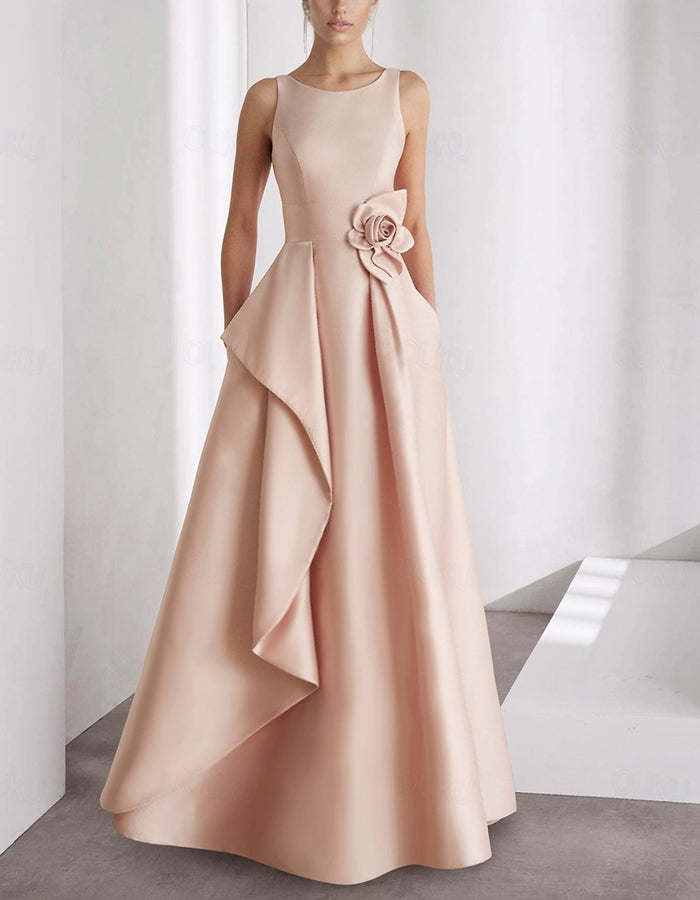 Solid Color Satin Round Neck Sleeveless 3D Floral Maxi Dress