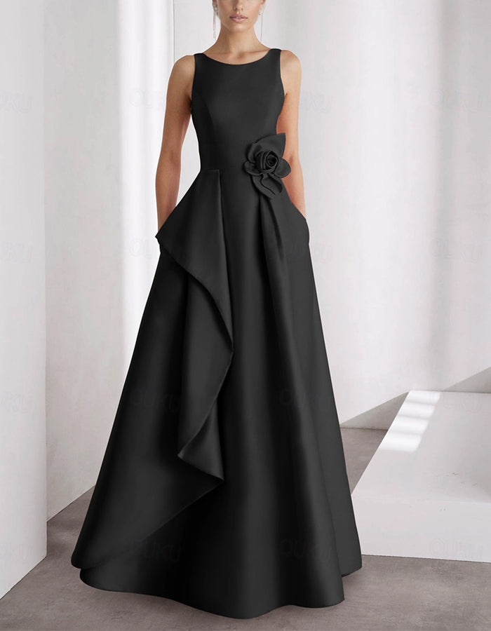 Solid Color Satin Round Neck Sleeveless 3D Floral Maxi Dress