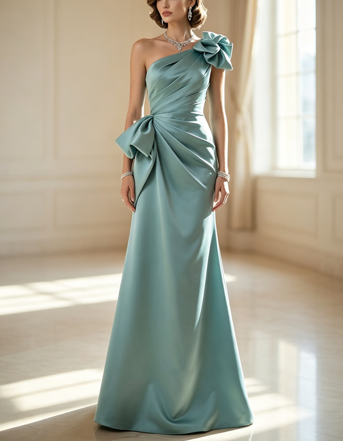Elegant Asymmetrical One-shoulder 3D Satin Rose Maxi Dress