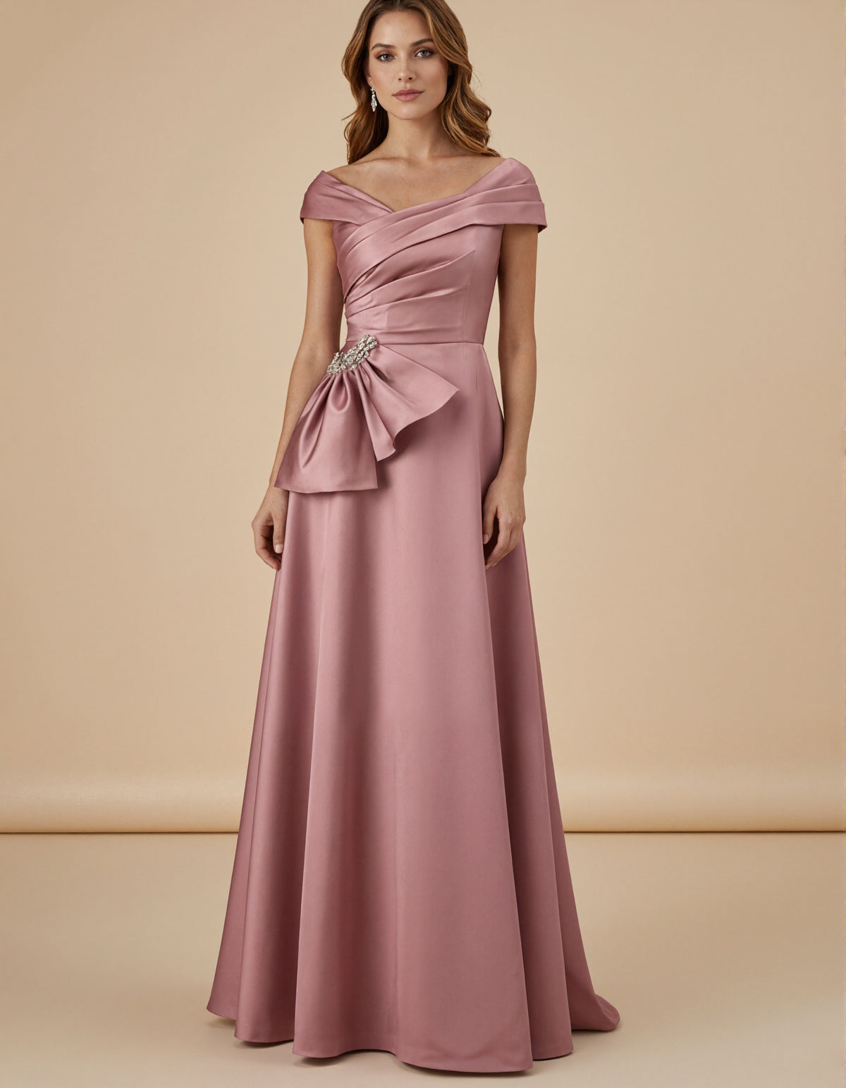 Pink Satin Off Shoulder Cross Pleats Maxi Dress