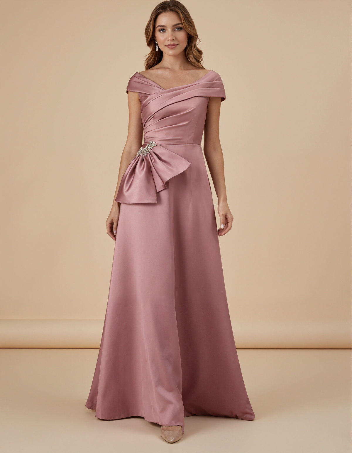 Pink Satin Off Shoulder Cross Pleats Maxi Dress