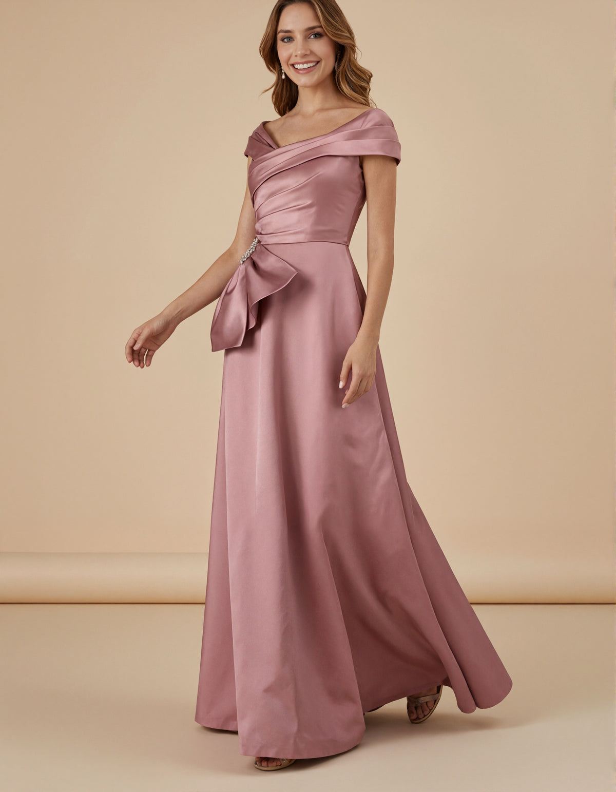 Pink Satin Off Shoulder Cross Pleats Maxi Dress
