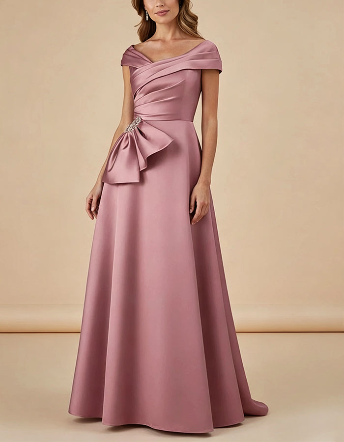 Pink Satin Off Shoulder Cross Pleats Maxi Dress