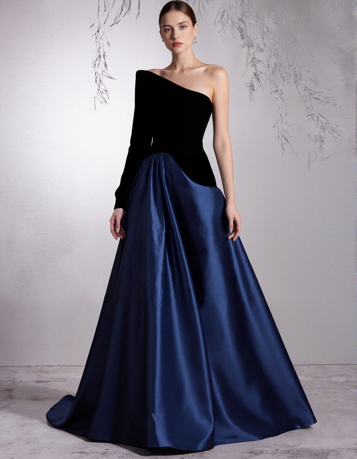 Black Velvet With Deep Navy Blue Satin Shoulder Strap Maxi Dress