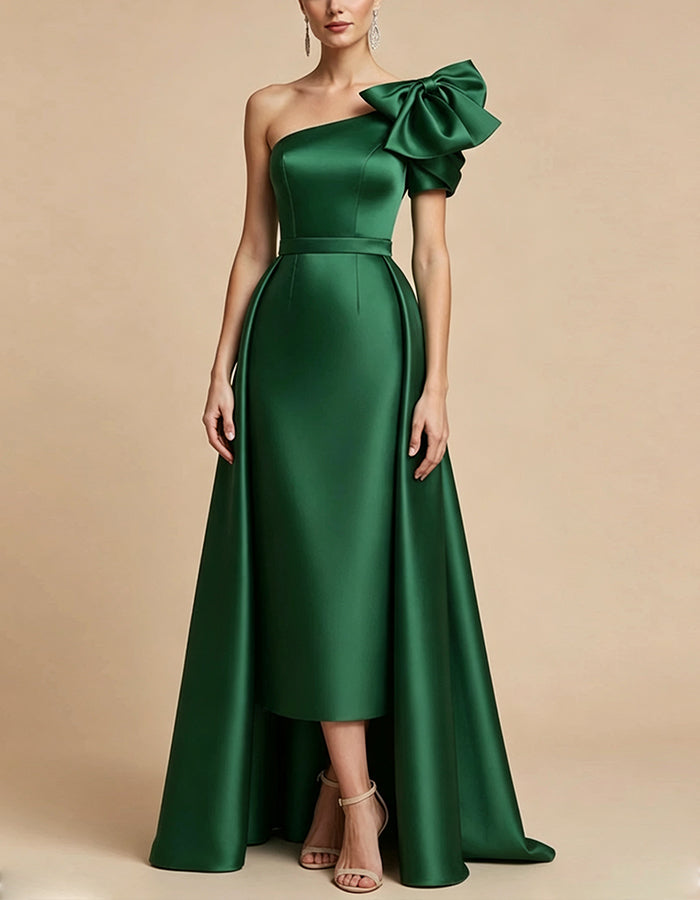 Green Satin One Shoulder Bow Belt Cinched Waist Maxi Dress