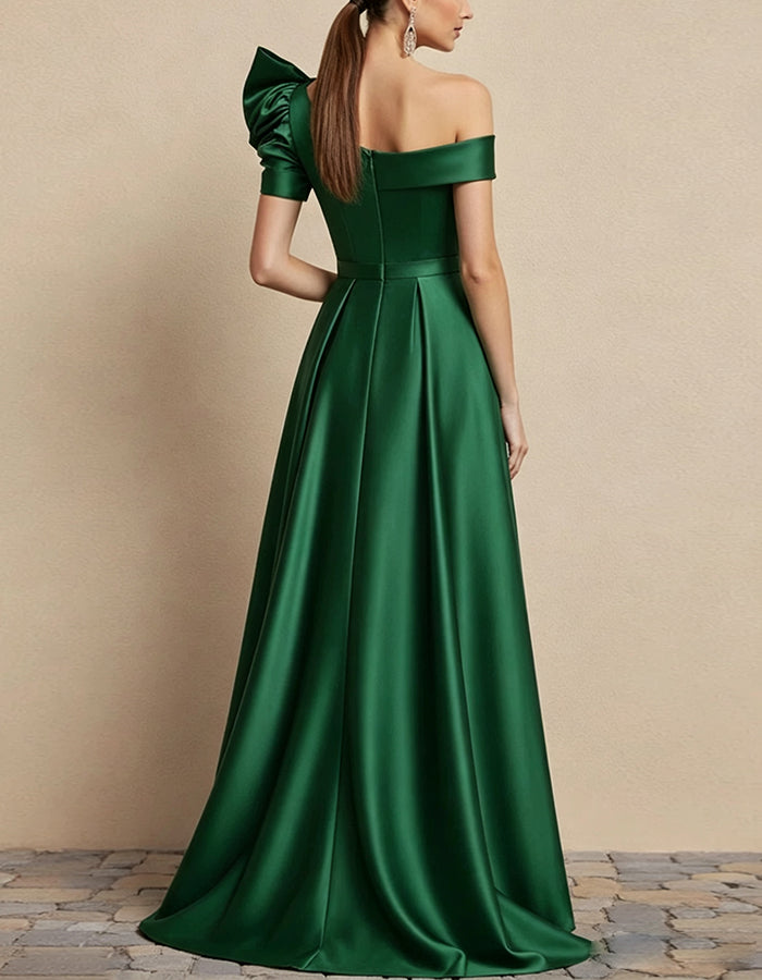 Green Satin One Shoulder Bow Belt Cinched Waist Maxi Dress
