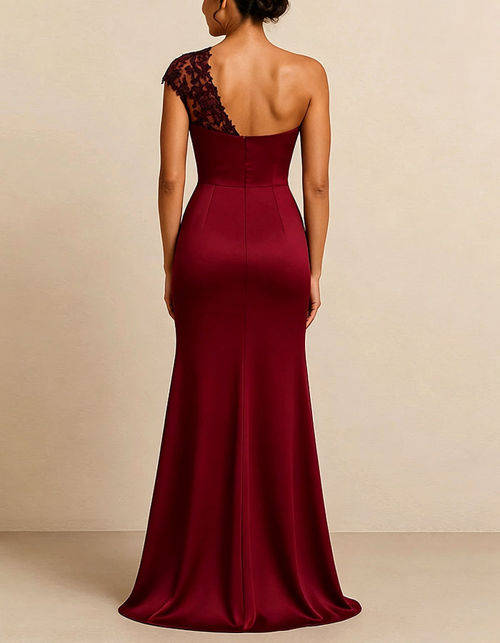 Deep Burgundy Satin One Shoulder Floral Lace Maxi Dress