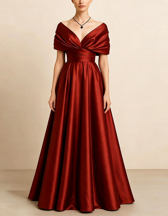 Deep Burgundy Satin Off Shoulder V-Neck Maxi Dress