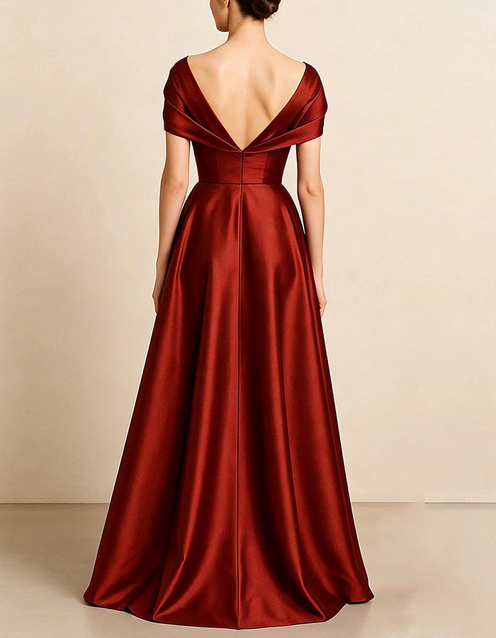 Deep Burgundy Satin Off Shoulder V-Neck Maxi Dress