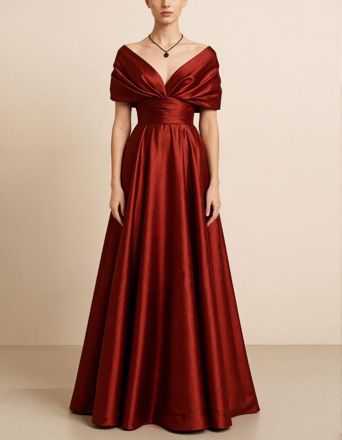 Deep Burgundy Satin Off Shoulder V-Neck Maxi Dress