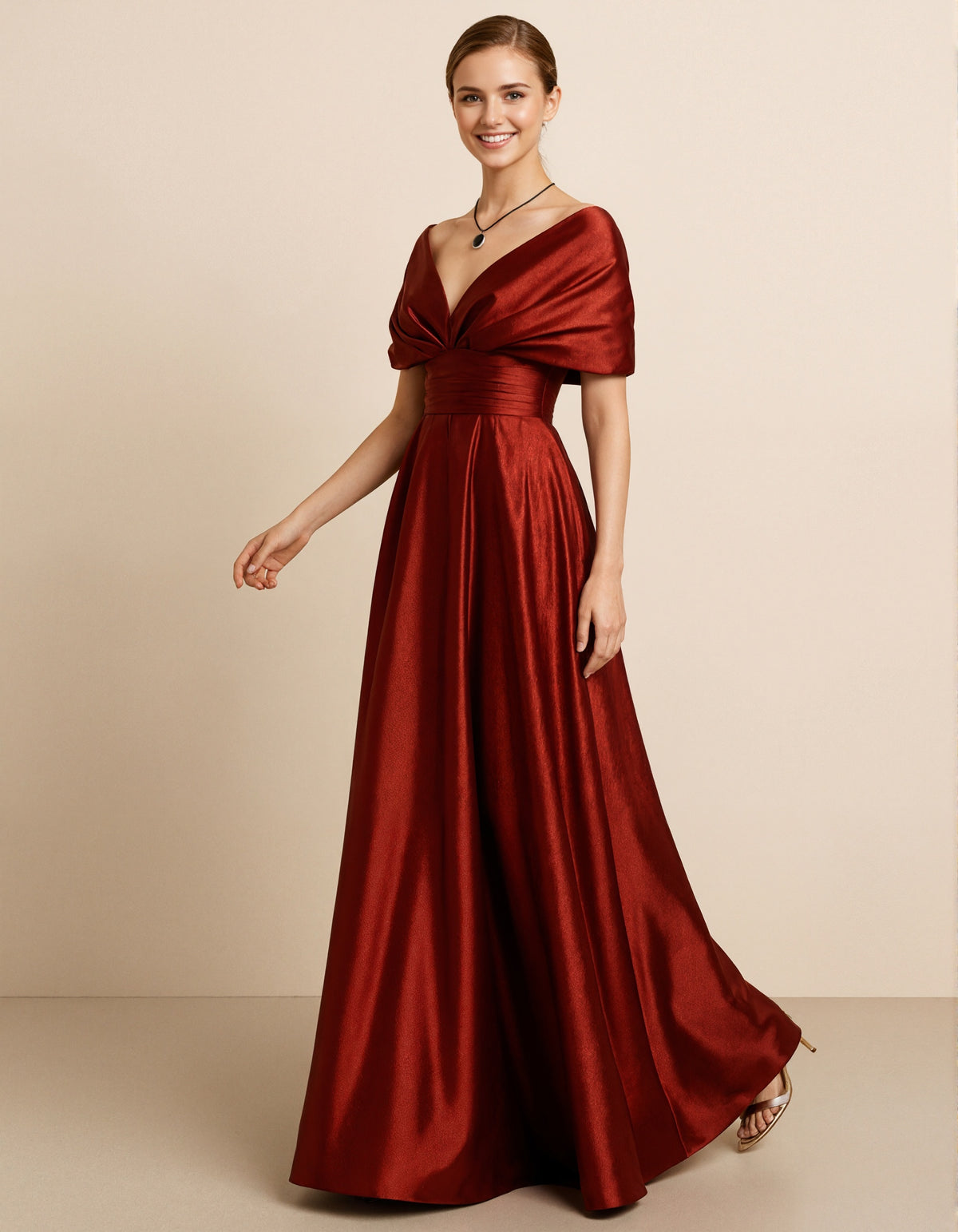Deep Burgundy Satin Off Shoulder V-Neck Maxi Dress