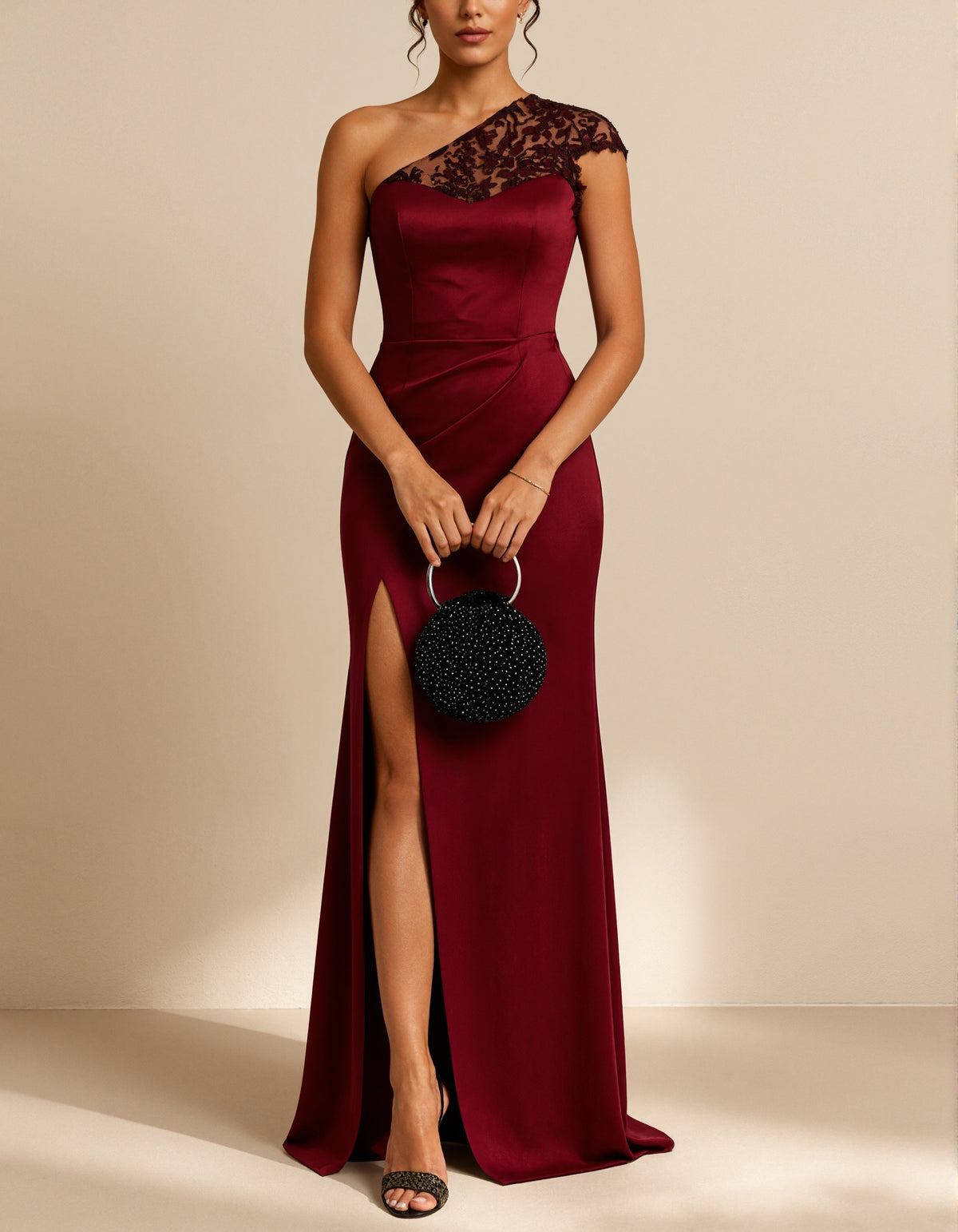 Deep Burgundy Satin One Shoulder Floral Lace Maxi Dress