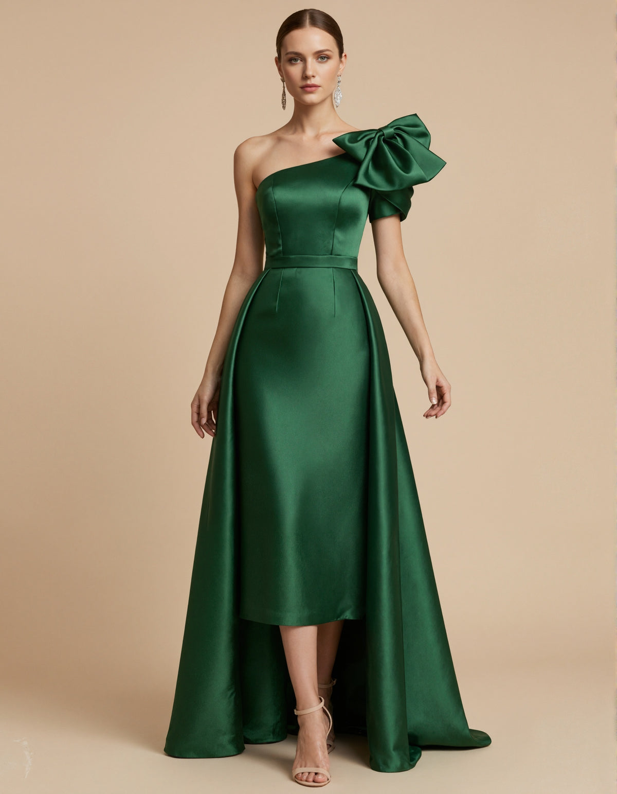 Green Satin One Shoulder Bow Belt Cinched Waist Maxi Dress