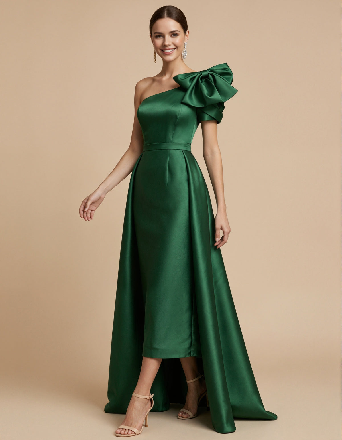Green Satin One Shoulder Bow Belt Cinched Waist Maxi Dress