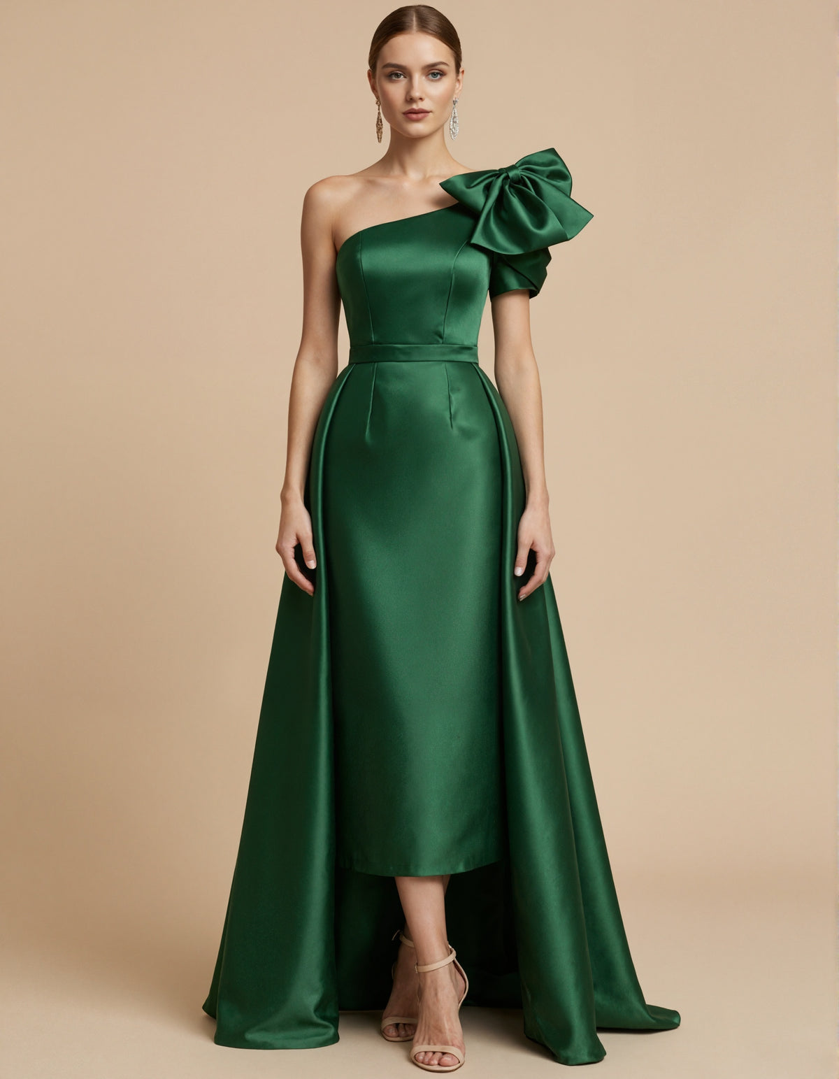 Green Satin One Shoulder Bow Belt Cinched Waist Maxi Dress