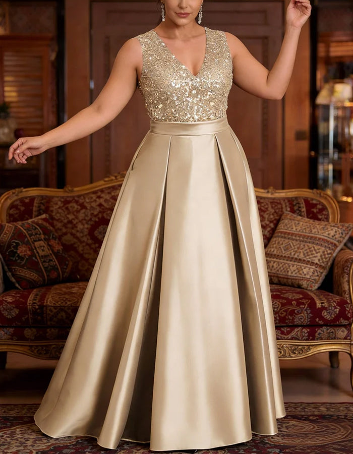 Champagne Satin Sleeveless V-Neck Sequined Maxi Dress