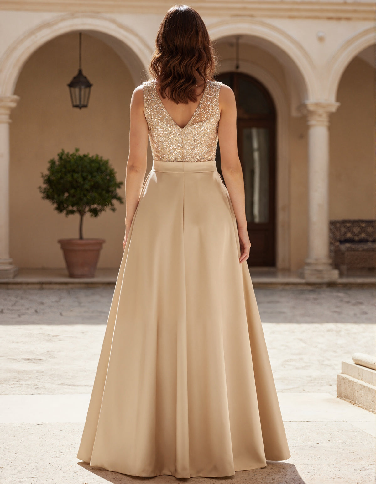Champagne Satin Sleeveless V-Neck Sequined Maxi Dress