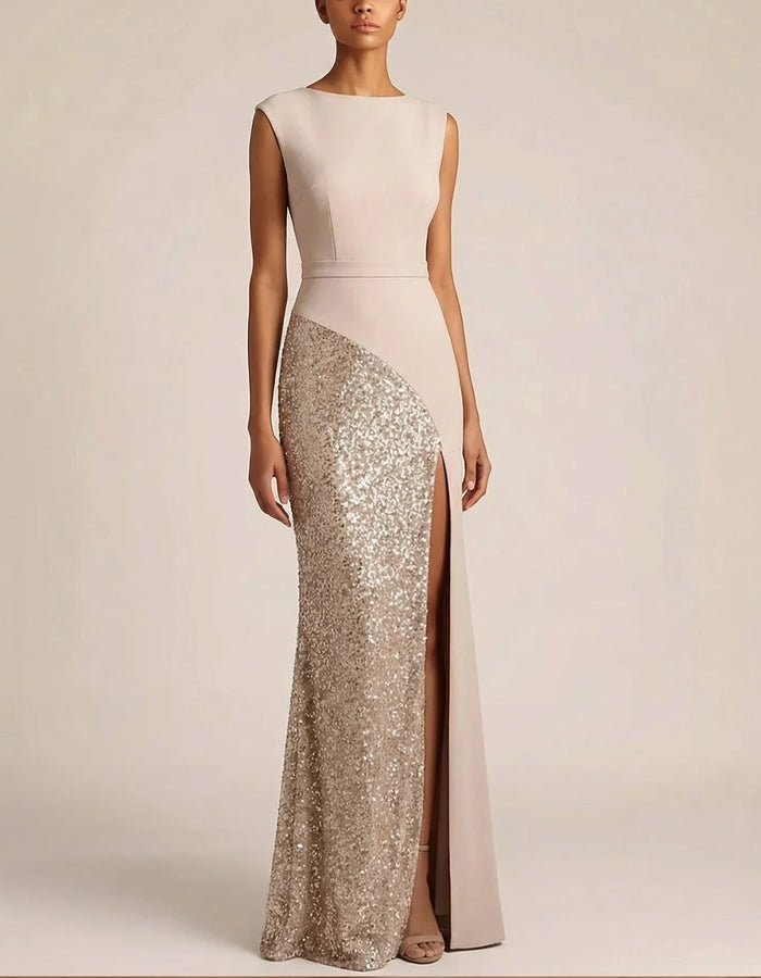 Nude Sleeveless Boat Neck Sequined High Slit Maxi Dress