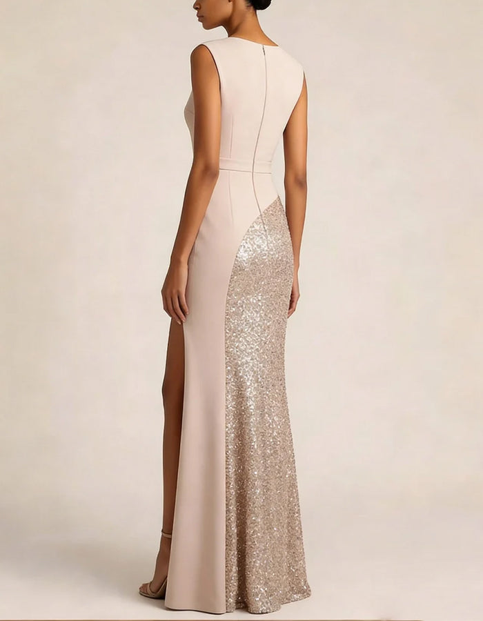 Nude Sleeveless Boat Neck Sequined High Slit Maxi Dress