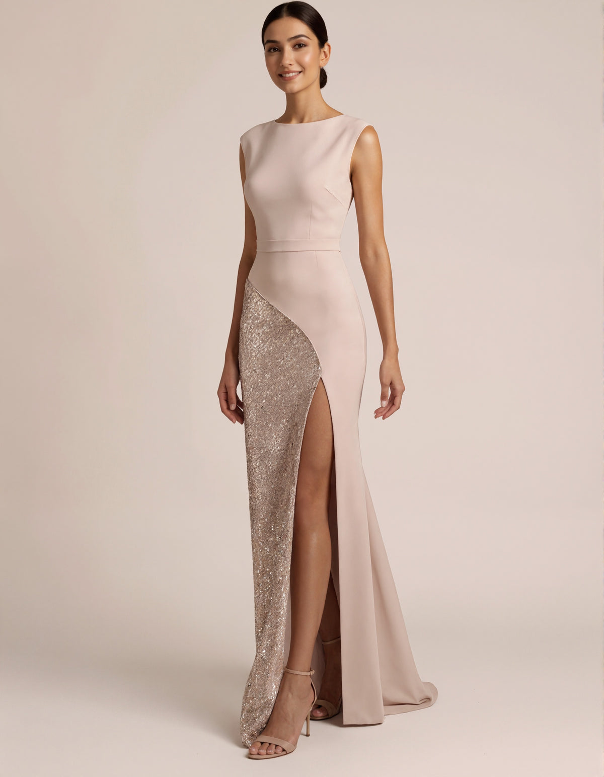 Nude Sleeveless Boat Neck Sequined High Slit Maxi Dress