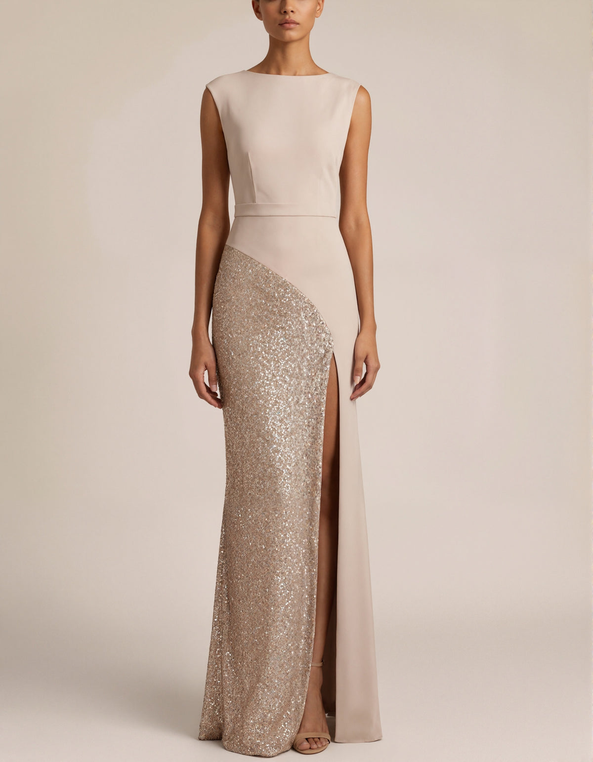 Nude Sleeveless Boat Neck Sequined High Slit Maxi Dress