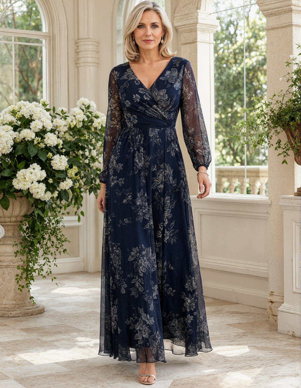 Dark Blue Chiffon Printed V-Neck Maxi Dress