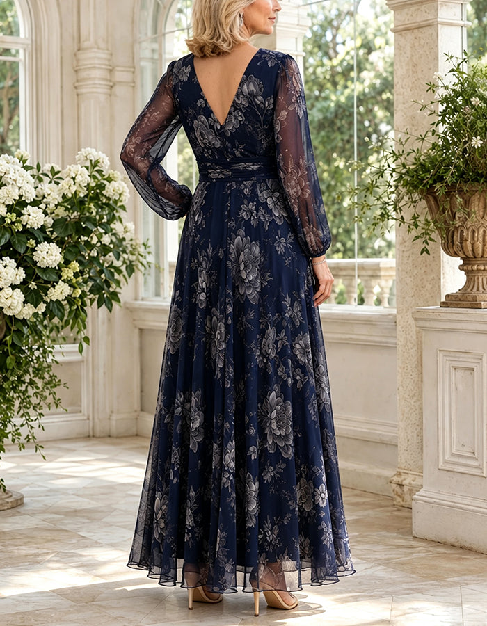Dark Blue Chiffon Printed V-Neck Maxi Dress