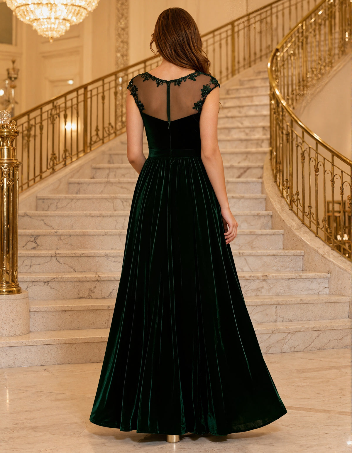 Green Velvet Lace Round Neck Sleeveless Maxi Dress