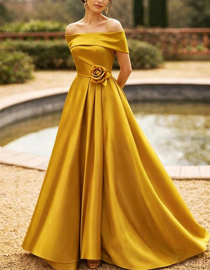 Solid Color Satin Off Shoulder 3D Floral Maxi Dress
