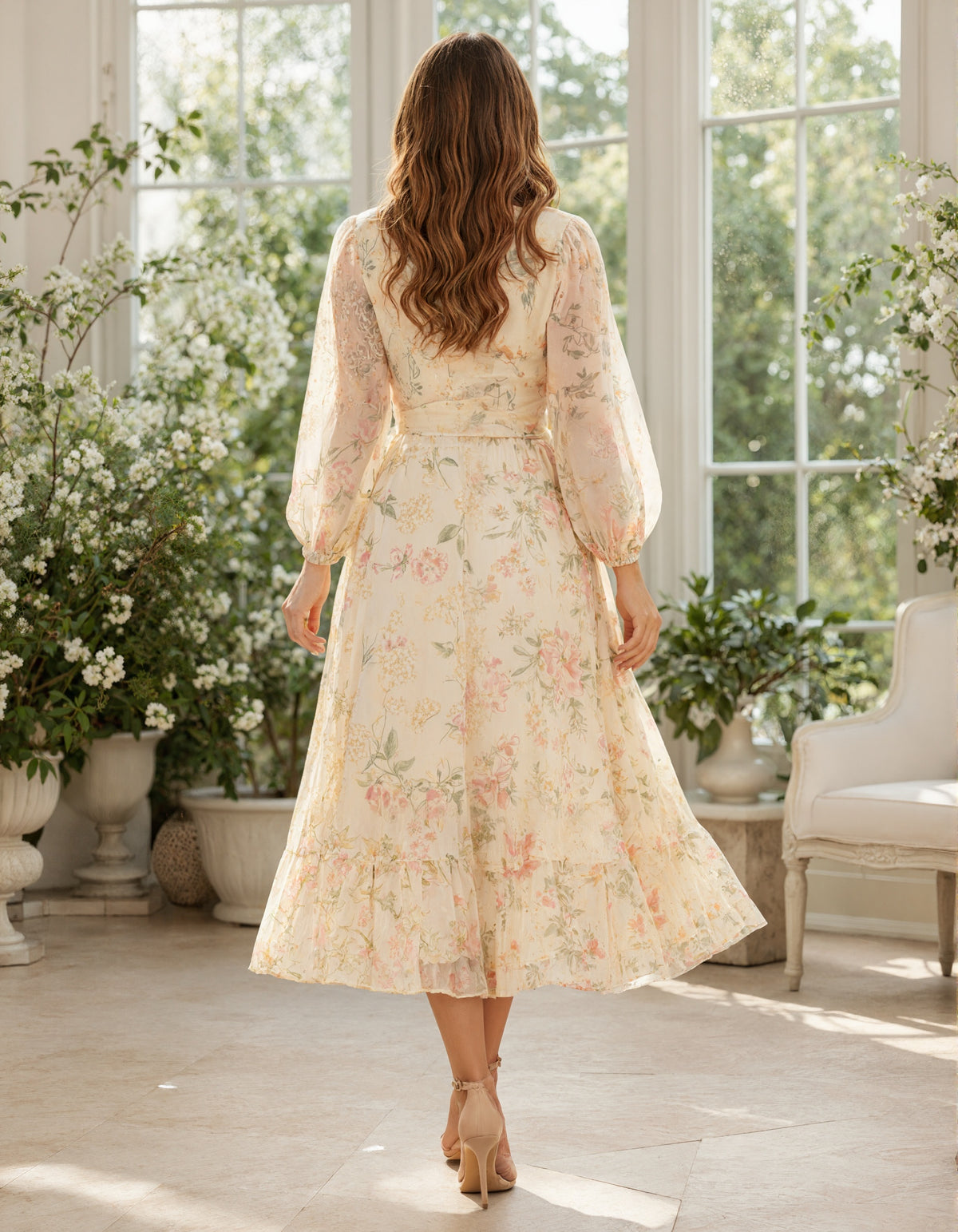 Cream Printed Chiffon V-Neck Puff Sleeve Long Sleeve Midi Dress