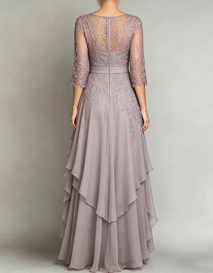 V-neck Three-quarter Sleeves Chiffon Maxi Dress