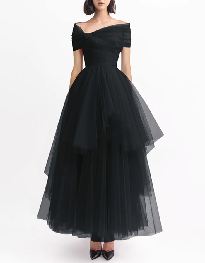Multi-colored Tulle Off-the-shoulder Neckline Maxi Dress