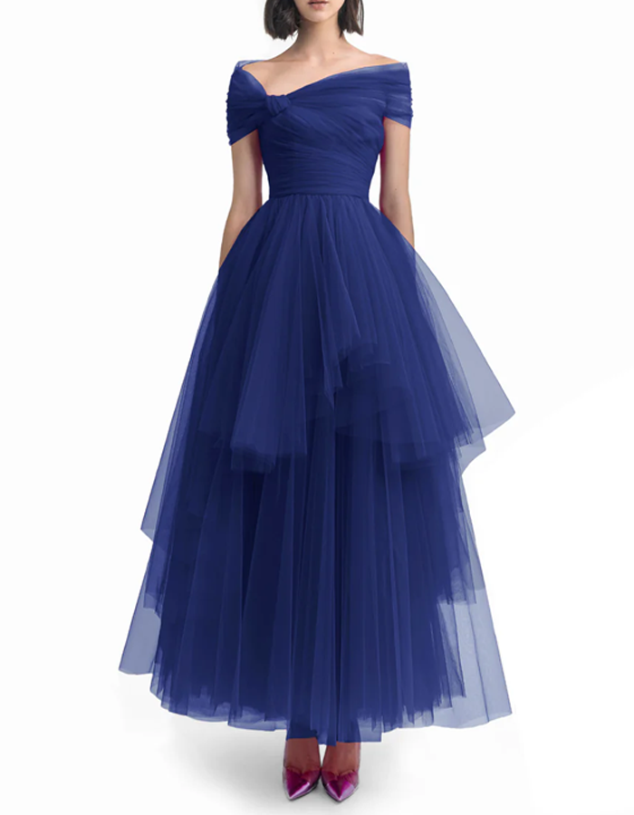 Multi-colored Tulle Off-the-shoulder Neckline Maxi Dress