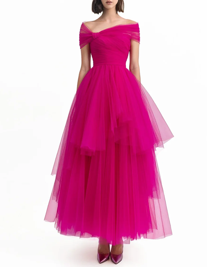 Multi-colored Tulle Off-the-shoulder Neckline Maxi Dress