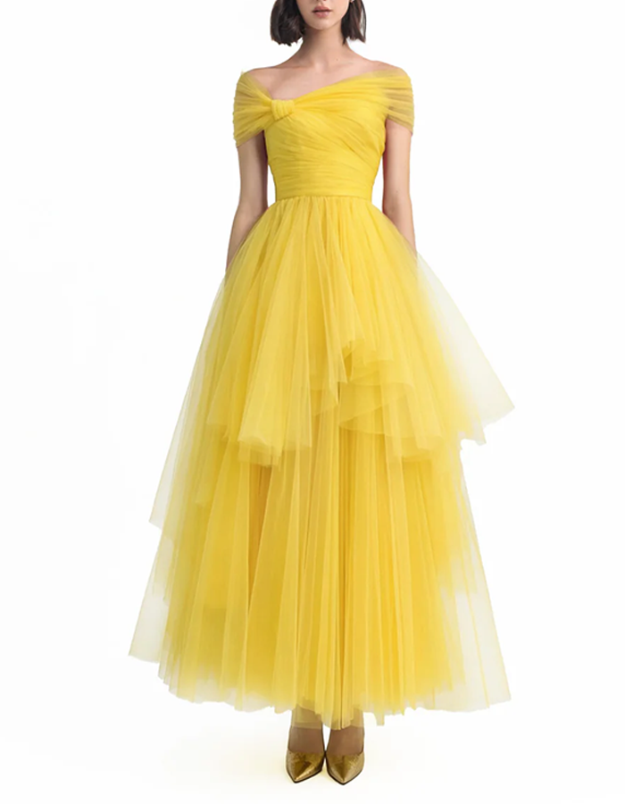 Multi-colored Tulle Off-the-shoulder Neckline Maxi Dress