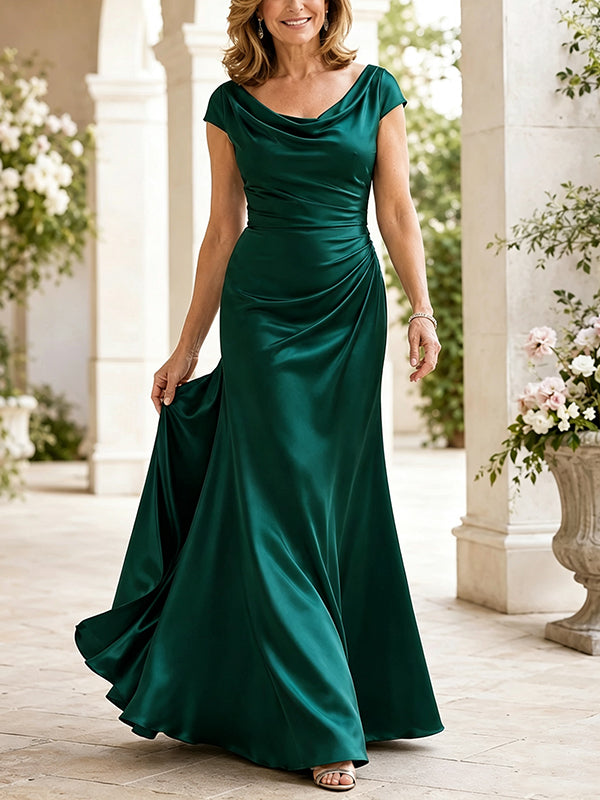 Green Satin Short Sleeved Top With Drop Neck Maxi Dress