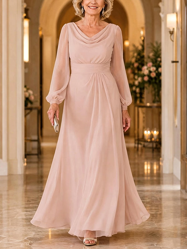 Pink Chiffon Long Sleeves Maxi Dress