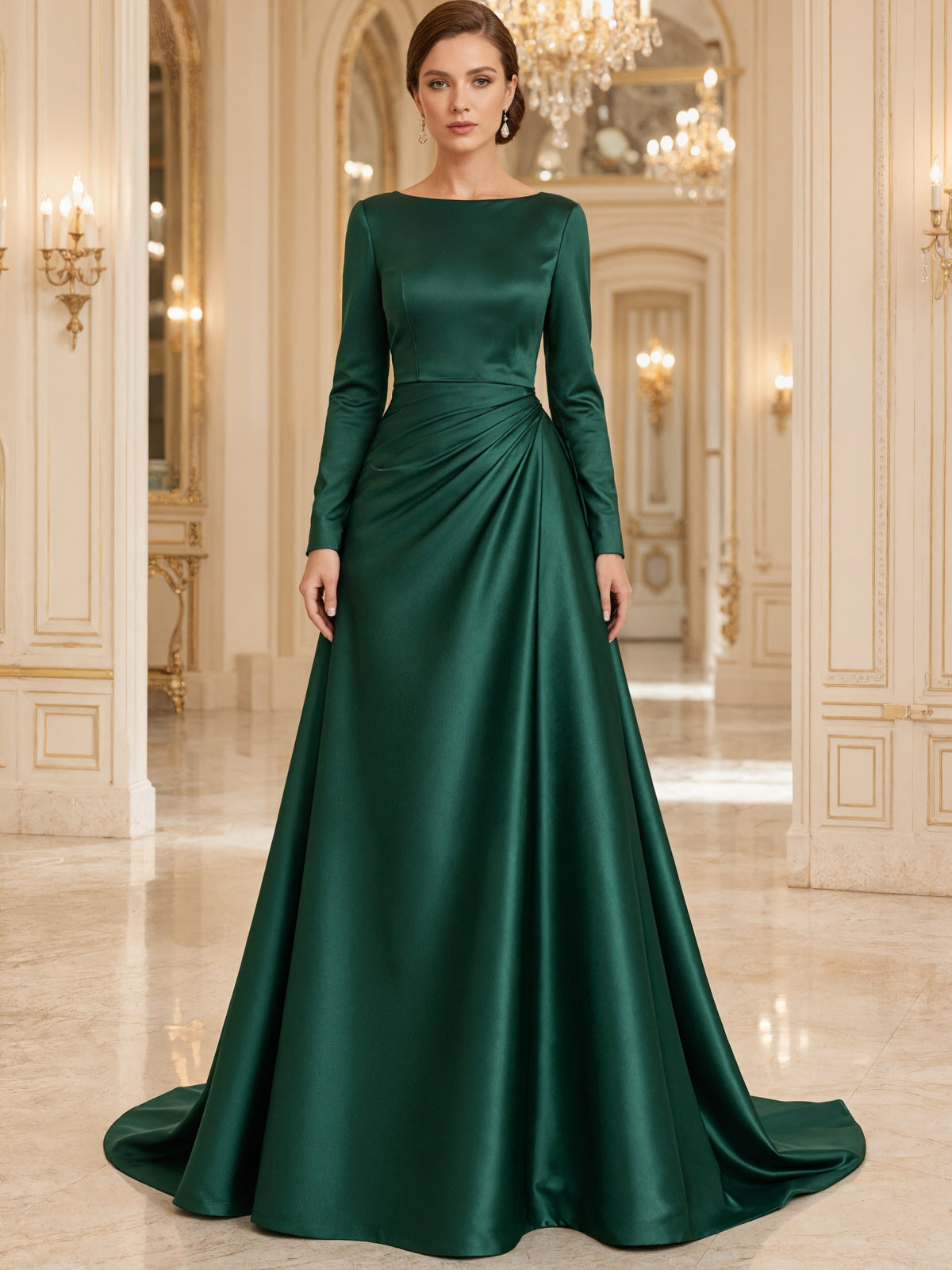 Green Satin Long Sleeved Maxi Dress