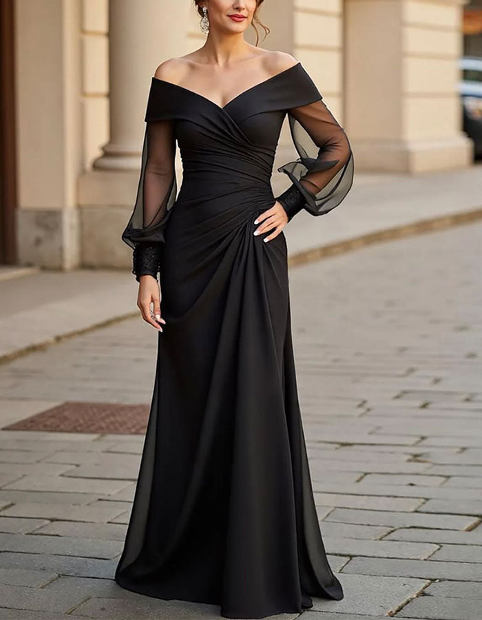 Black Off Shoulder Mesh Sleeves With Ruffled Chiffon Maxi Dress