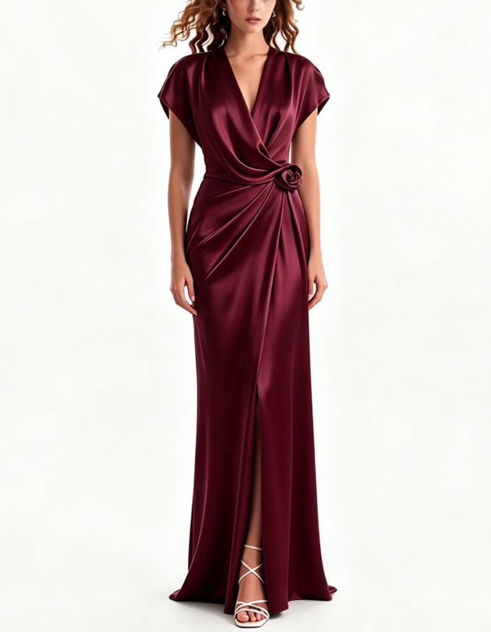 Multi-colored Satin Wrap Maxi Dress