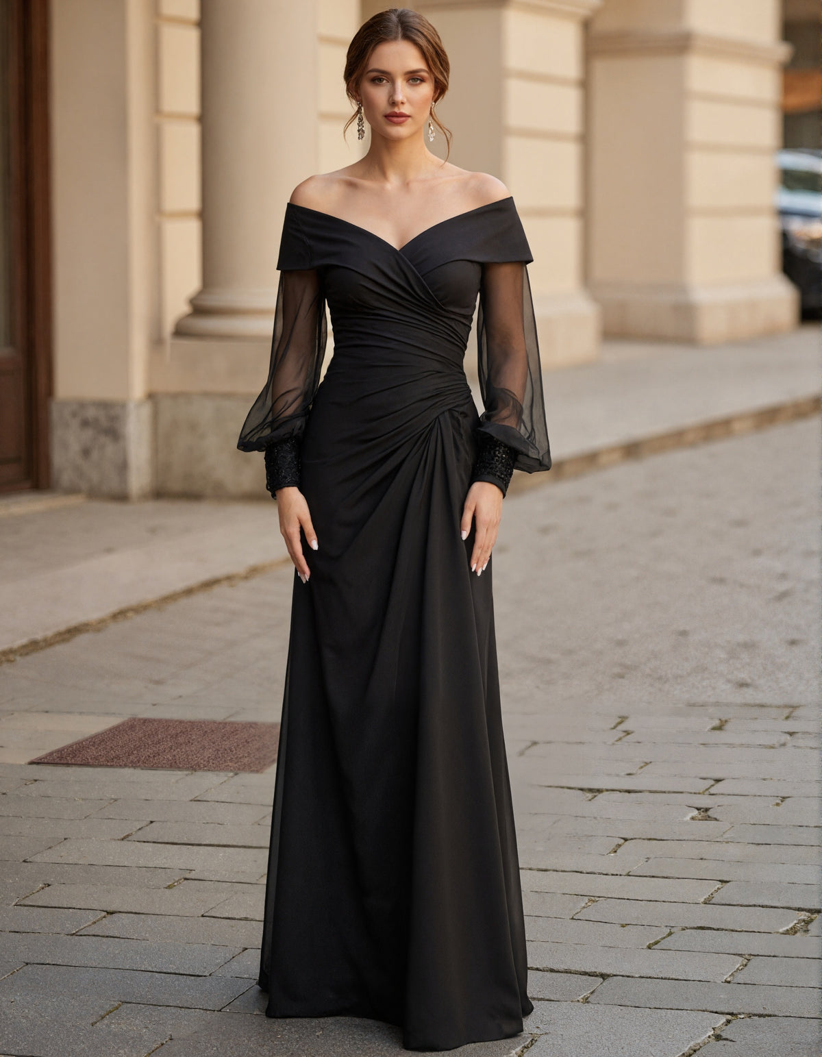 Black Off Shoulder Mesh Sleeves With Ruffled Chiffon Maxi Dress