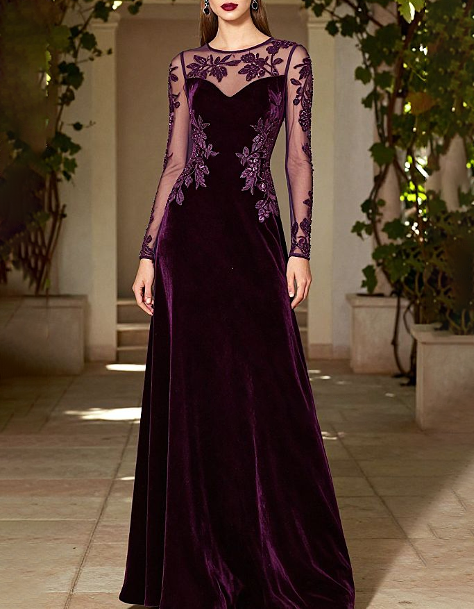Round Neck Long Sheer Mesh Floral Lace Plush Velvet A-Line Maxi Dress