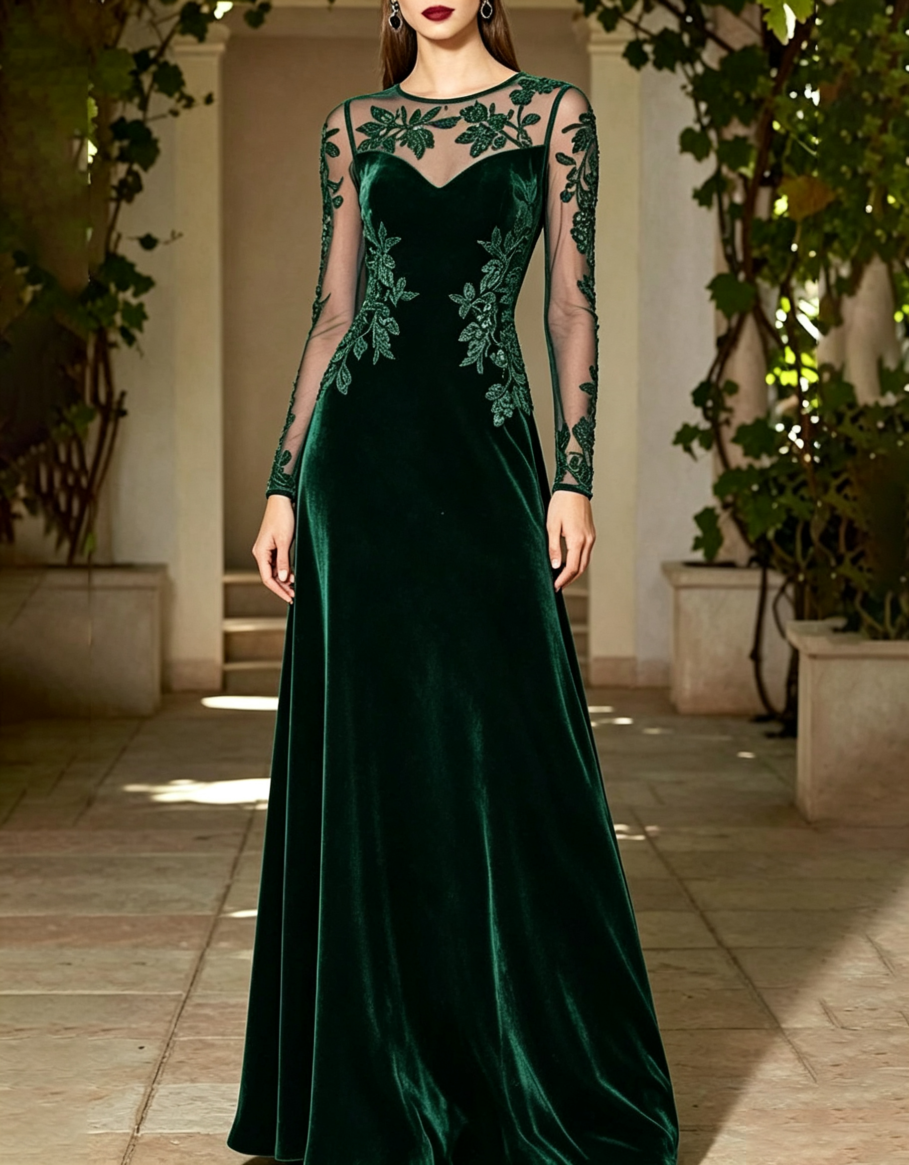 Round Neck Long Sheer Mesh Floral Lace Plush Velvet A-Line Maxi Dress