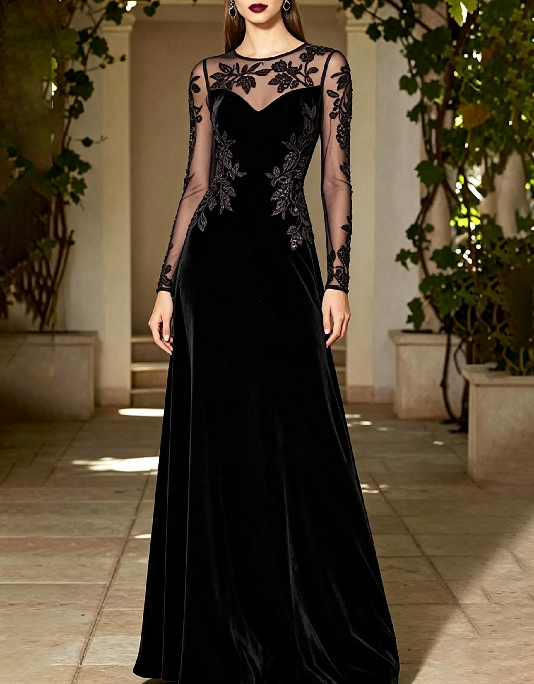 Round Neck Long Sheer Mesh Floral Lace Plush Velvet A-Line Maxi Dress