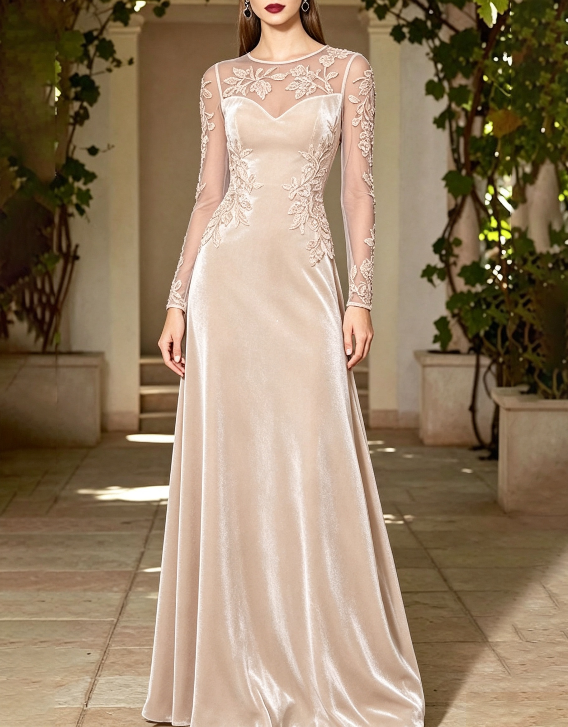 Round Neck Long Sheer Mesh Floral Lace Plush Velvet A-Line Maxi Dress