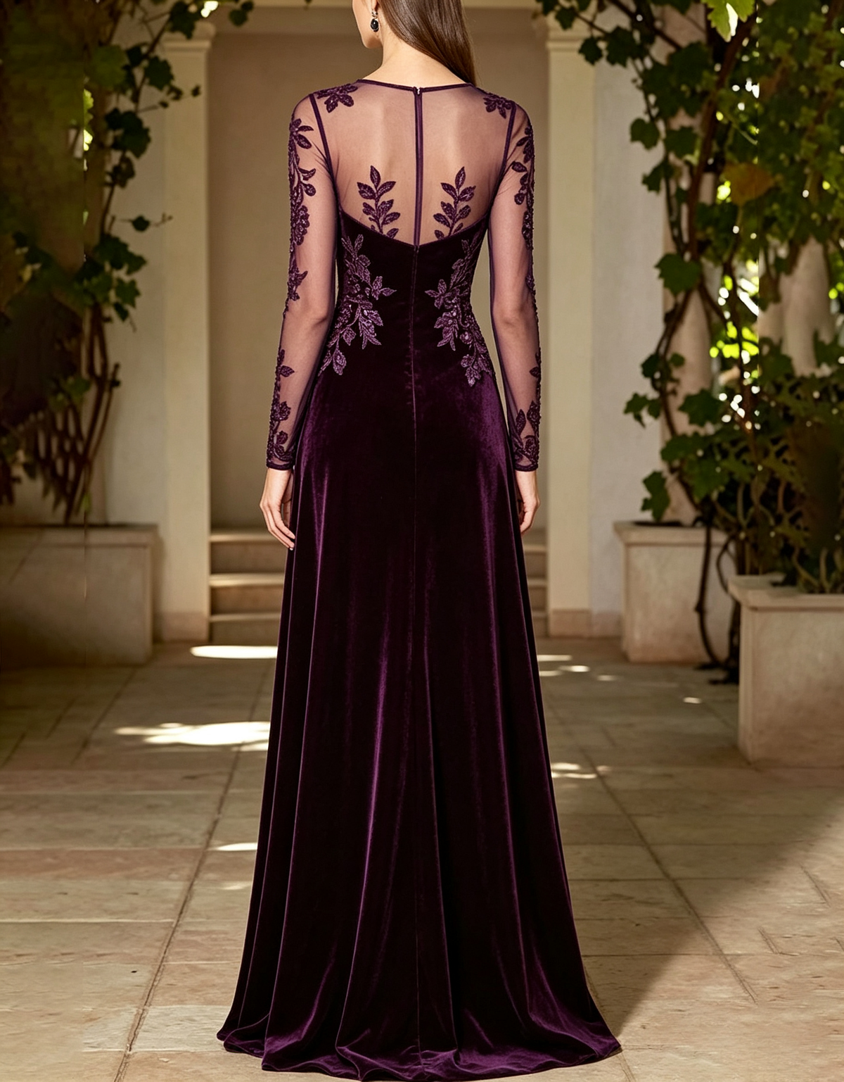 Round Neck Long Sheer Mesh Floral Lace Plush Velvet A-Line Maxi Dress