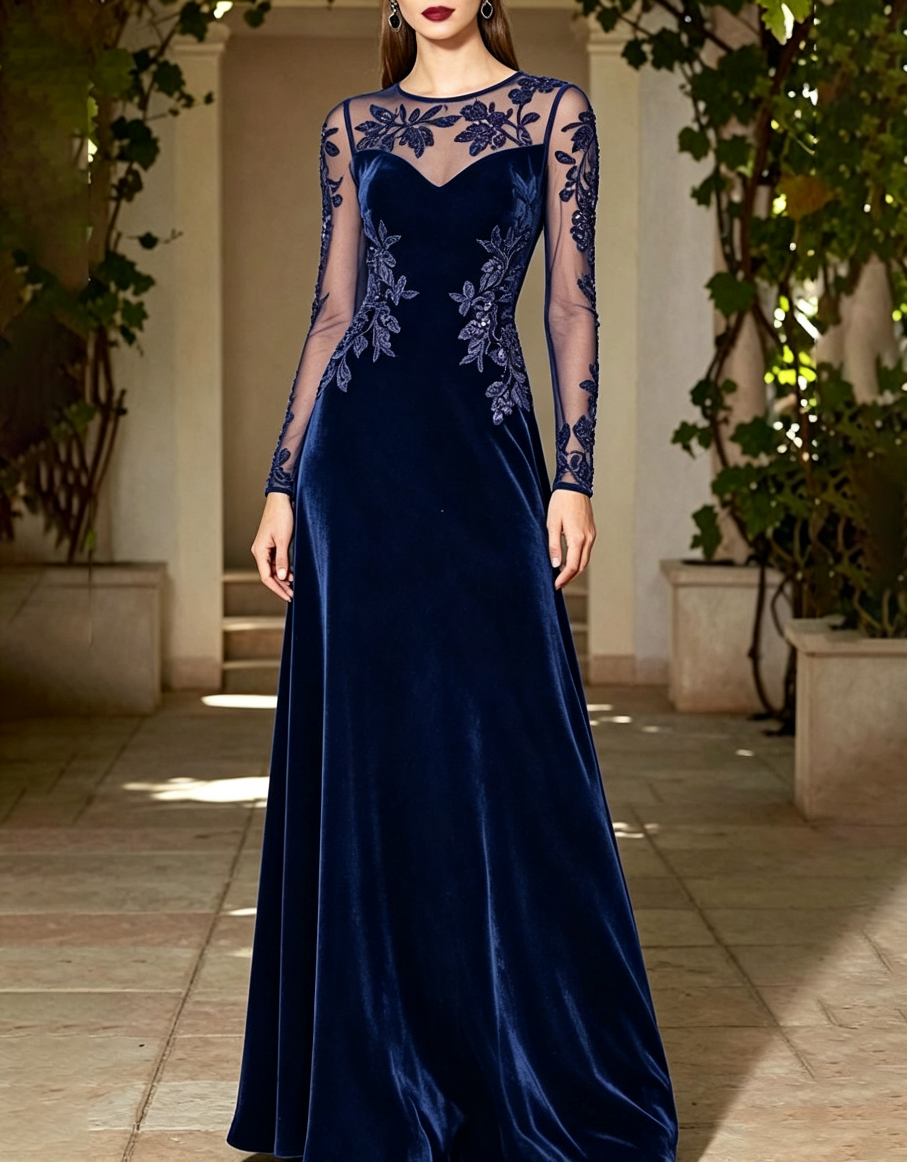 Round Neck Long Sheer Mesh Floral Lace Plush Velvet A-Line Maxi Dress