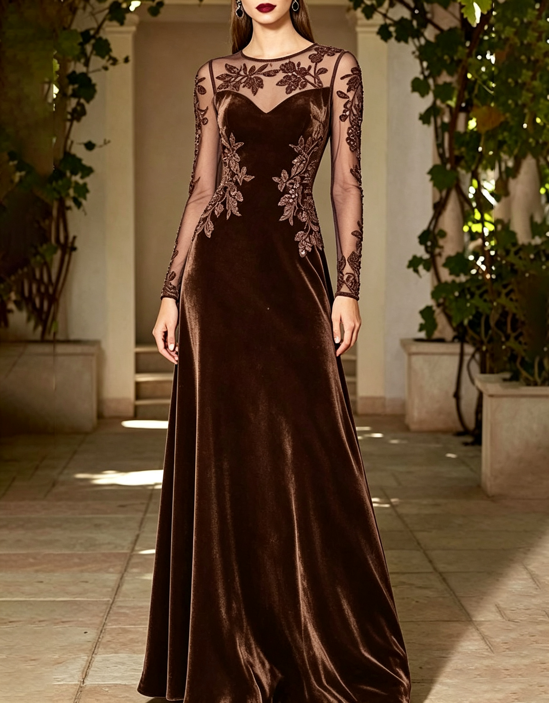 Round Neck Long Sheer Mesh Floral Lace Plush Velvet A-Line Maxi Dress